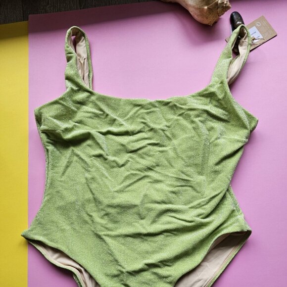 BERLOOK Lurex One Piece Swimsuit Square Neck Tummy Control Backless Bath - Picture 6 of 16